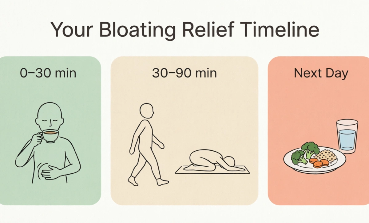 Step-by-step timeline to stop bloating after overeating: immediate, short-term, and next-day actions