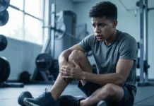 Strain vs Sprain Walking: Can You Walk Safely (Expert Guide) Athlete evaluating strain vs sprain walking decision after ankle injury on gym floor