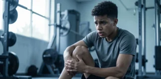 Athlete evaluating strain vs sprain walking decision after ankle injury on gym floor
