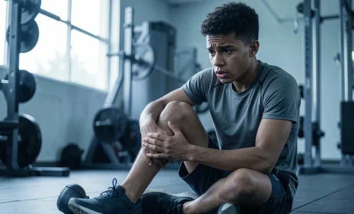 Athlete evaluating strain vs sprain walking decision after ankle injury on gym floor Athlete evaluating strain vs sprain walking decision after ankle injury on gym floor