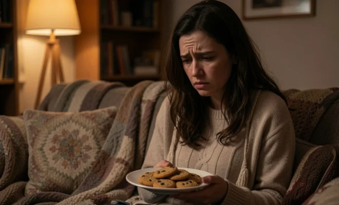 Woman resisting sugar cravings after dinner with healthy snack alternatives on table