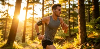 Athlete running with headphones demonstrating tempo music exercise endurance benefits during outdoor training