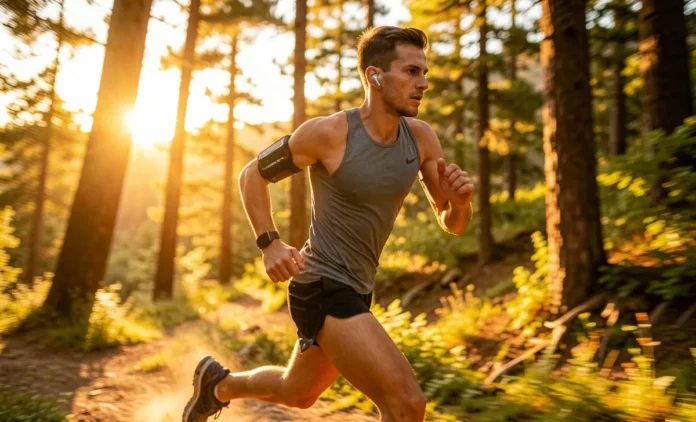 Athlete running with headphones demonstrating tempo music exercise endurance benefits during outdoor training