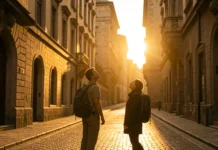 Why Time Feel Longer Traveling: The Science Behind It Time feel longer traveling - solo traveler experiencing present moment awareness in unfamiliar European city street during golden hour