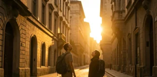 Time feel longer traveling - solo traveler experiencing present moment awareness in unfamiliar European city street during golden hour