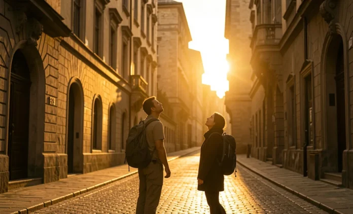 Time feel longer traveling - solo traveler experiencing present moment awareness in unfamiliar European city street during golden hour Time feel longer traveling - solo traveler experiencing present moment awareness in unfamiliar European city street during golden hour