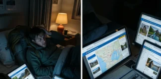Traveler experiencing too much travel research overload with multiple screens vs. enjoying authentic American travel moment