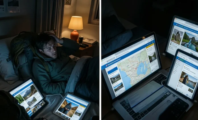 Traveler experiencing too much travel research overload with multiple screens vs. enjoying authentic American travel moment