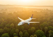 Travel Carbon Offset Programs: Do They Actually Reduce Flight Emissions? Airplane flying over a green forest landscape representing travel carbon offset programs and flight emissions reduction
