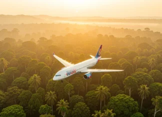 Travel Carbon Offset Programs: Do They Actually Reduce Flight Emissions? Airplane flying over a green forest landscape representing travel carbon offset programs and flight emissions reduction
