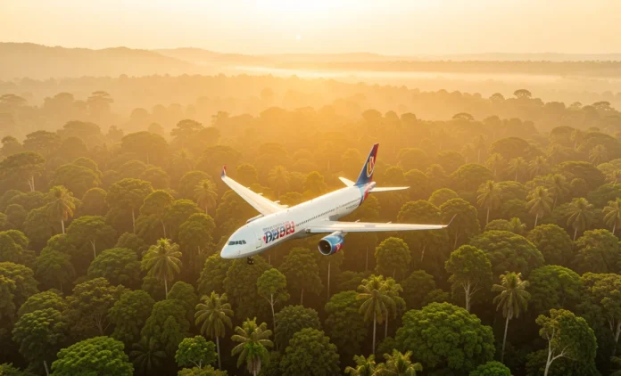 Airplane flying over a green forest landscape representing travel carbon offset programs and flight emissions reduction