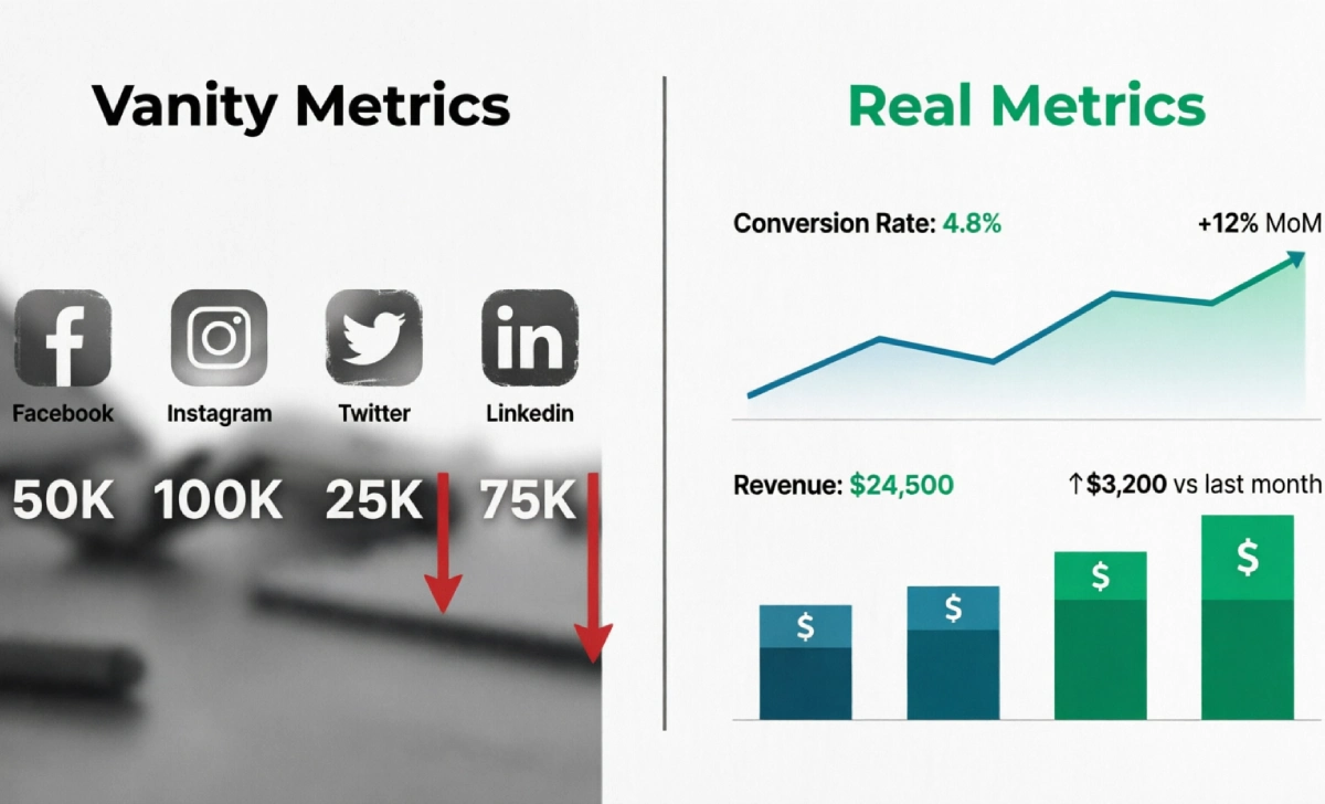 Infographic comparing vanity metrics vs real social media sales metrics for business growth