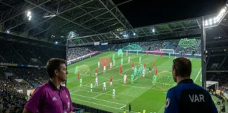VAR offside rule 2026 technology displaying semi-automated offside lines during football match
