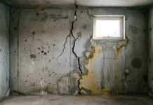 Vertical Basement Wall Crack: Should You Worry? (2026 Guide) Homeowner inspecting vertical basement wall crack with flashlight during foundation assessment