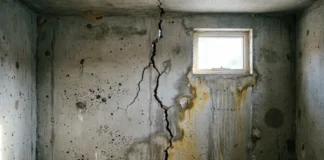 Homeowner inspecting vertical basement wall crack with flashlight during foundation assessment