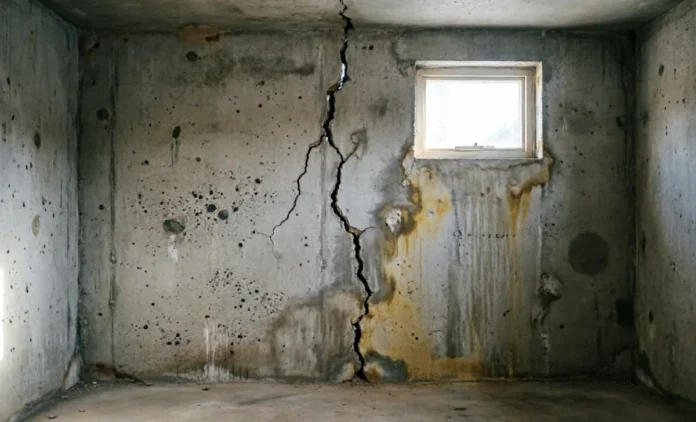 Homeowner inspecting vertical basement wall crack with flashlight during foundation assessment