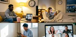 Friends hosting watch party time zones across different countries with synchronized movie streaming and video chat