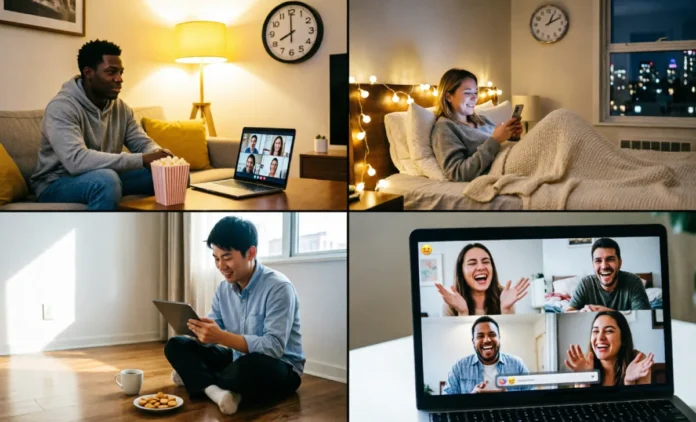 Watch Party Time Zones - International Friends Movie Night Friends hosting watch party time zones across different countries with synchronized movie streaming and video chat