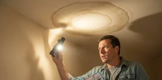 Homebuyer inspecting ceiling for water damage red flags during property walkthrough with flashlight