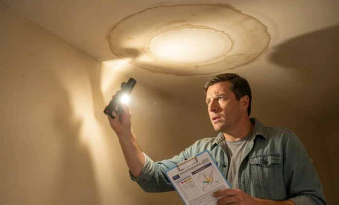 Water Damage Red Flags Home Inspection Homebuyer inspecting ceiling for water damage red flags during property walkthrough with flashlight