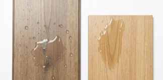 Waterproof vs water-resistant flooring samples showing water resistance difference