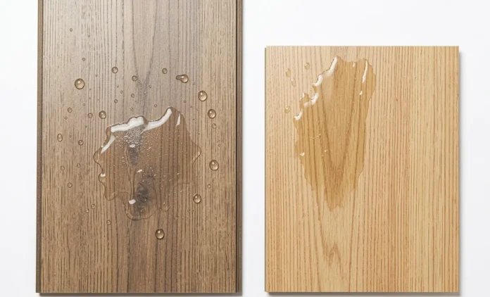 Waterproof vs Water-Resistant Flooring Comparison Waterproof vs water-resistant flooring samples showing water resistance difference