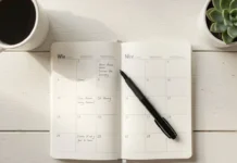 The Simple Weekly Review Prevent Overwhelm and Take Back Your Focus weekly review prevent overwhelm — open planner notebook and pen on a clean morning desk