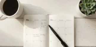 weekly review prevent overwhelm — open planner notebook and pen on a clean morning desk
