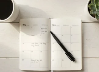 The Simple Weekly Review Prevent Overwhelm and Take Back Your Focus weekly review prevent overwhelm — open planner notebook and pen on a clean morning desk