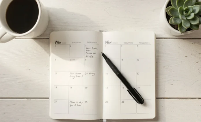weekly review prevent overwhelm — open planner notebook and pen on a clean morning desk