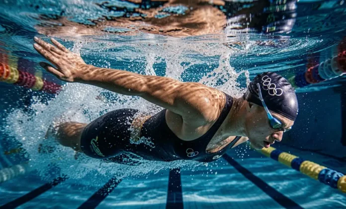 Olympic swimmer demonstrating why olympic swimmers breathe every 2 strokes during freestyle race