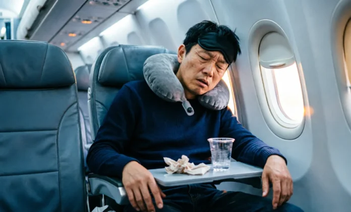 Window Seat Sleep Problems - Why Travelers Can't Rest Exhausted traveler experiencing window seat sleep problems on long flight