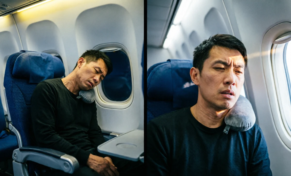 Traveler experiencing window seat sleep problems due to light leaks and neck strain