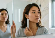 The 2.25 Rule for Haircuts: A Simple Way to Check If Short Hair Suits You Person using a ruler to measure ear-to-chin distance applying the 2.25 rule for haircuts at home