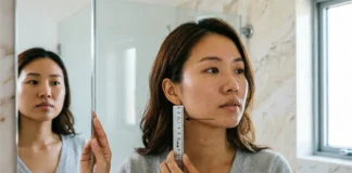 Person using a ruler to measure ear-to-chin distance applying the 2.25 rule for haircuts at home