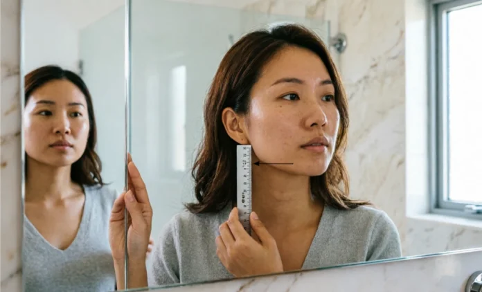 2.25 rule for haircuts – measuring ear to chin with ruler Person using a ruler to measure ear-to-chin distance applying the 2.25 rule for haircuts at home