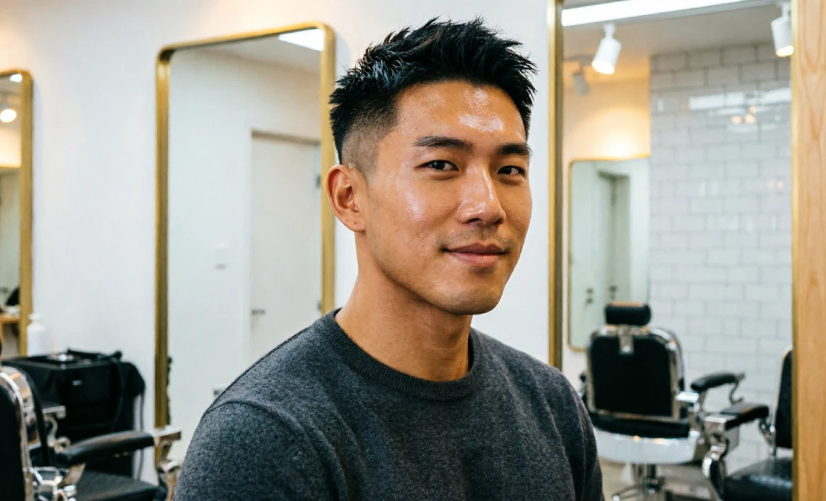 Man with a short fade haircut in a barbershop showing results of applying the 2.25 rule for haircuts