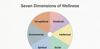 Colorful wellness wheel showing the 7 dimensions of wellness including physical, emotional, and social health