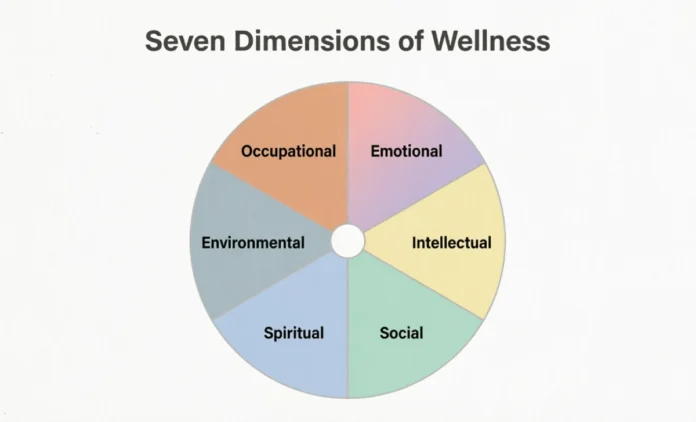 Colorful wellness wheel showing the 7 dimensions of wellness including physical, emotional, and social health