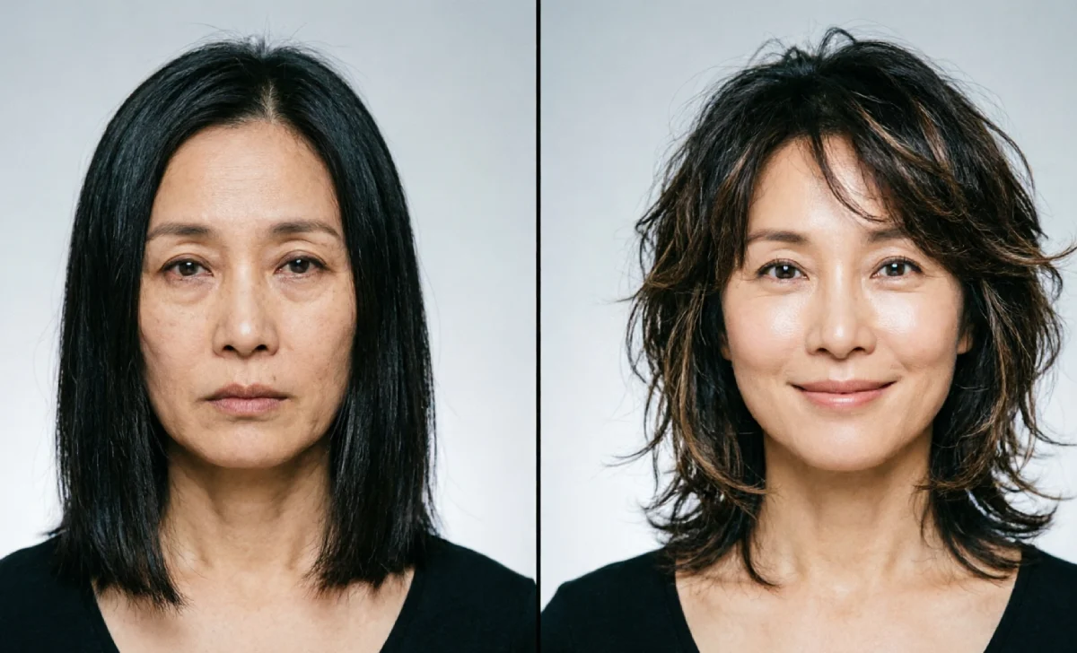 Side by side aging flat haircut vs youthful haircut that makes you look younger with layers and crown volume