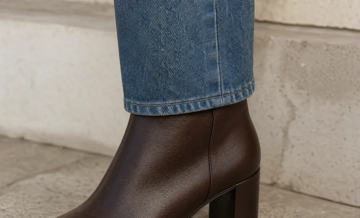Straight-leg jeans hemmed just above an ankle boot shaft for proper proportion