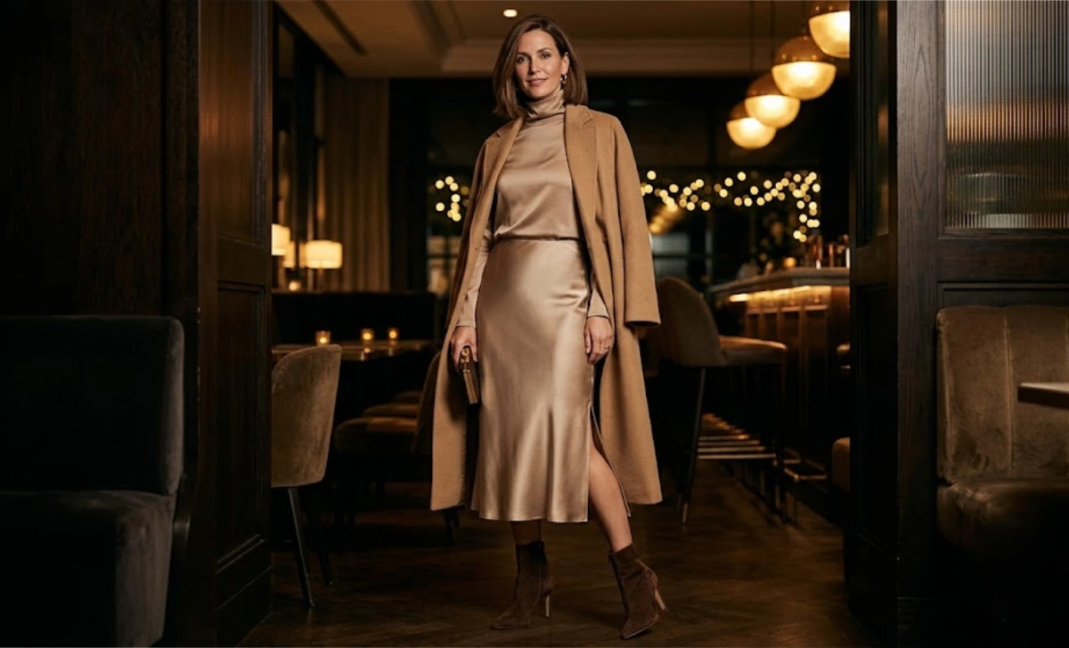 Ankle boots outfits over 40 dressed up with a satin slip skirt for evening wear
