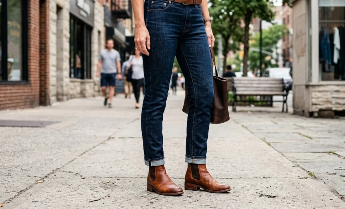 Ankle boots outfits over 40 paired with straight-leg jeans showing proper hem proportion