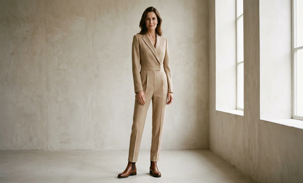 Tailored jumpsuit paired with Chelsea ankle boots for women over 40