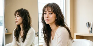 Are bangs out of style — woman with soft curtain bangs and face-framing layers in 2026