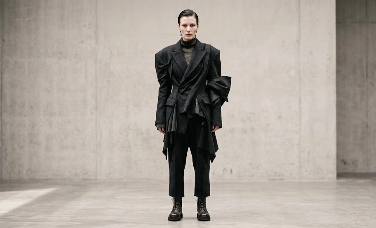 Close-up of Avant Garde Fashion garment showing asymmetry and deconstructed raw seam details