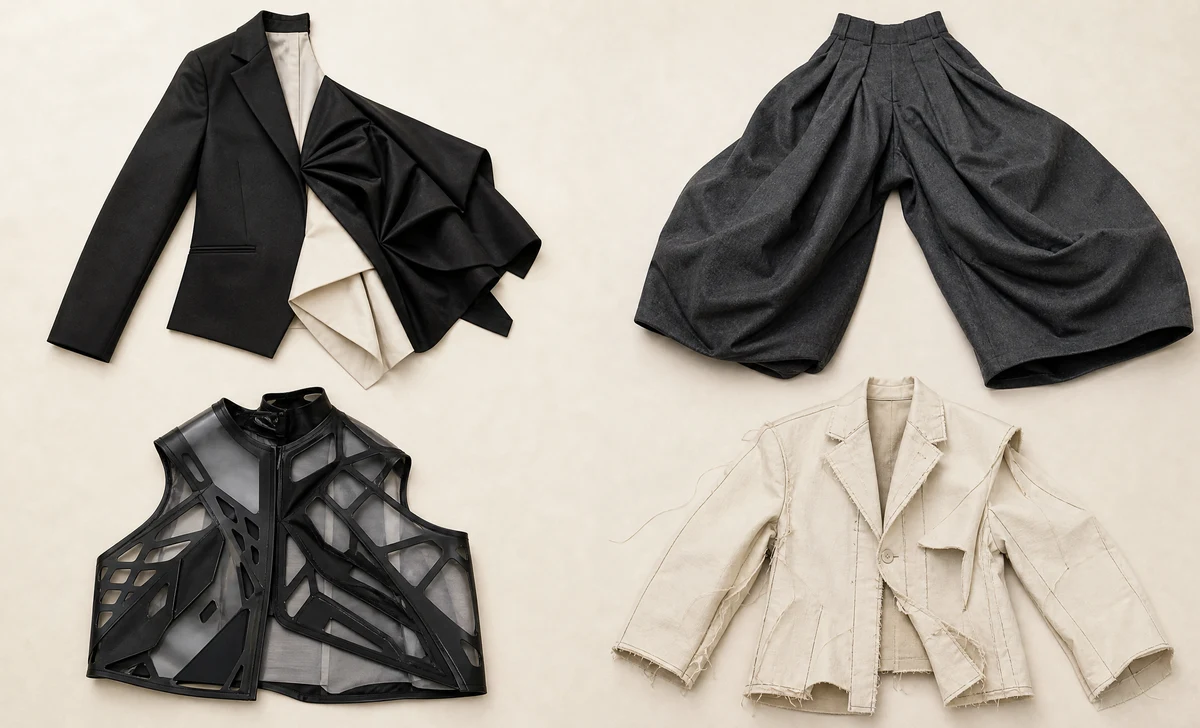 Four examples of avant garde fashion characteristics: asymmetry, proportion, unconventional materials, and deconstruction