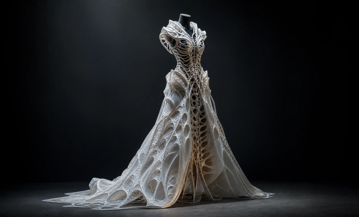 Futuristic 3D-printed avant garde gown representing contemporary avant garde fashion design