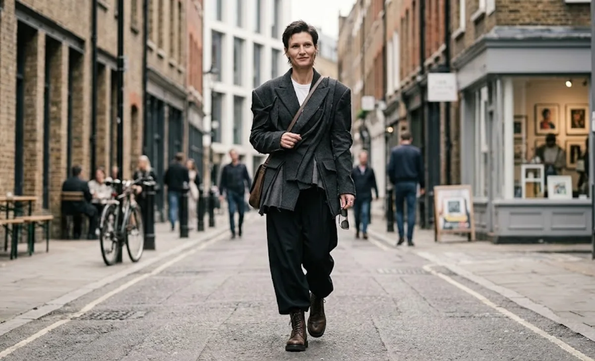 Person wearing everyday Avant Garde Fashion outfit with deconstructed blazer and wide trousers