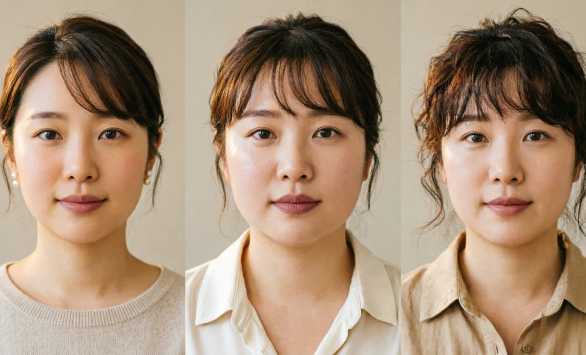 Best bangs for round face showing side-swept curtain and wispy styles that make face look slimmer not fatter
